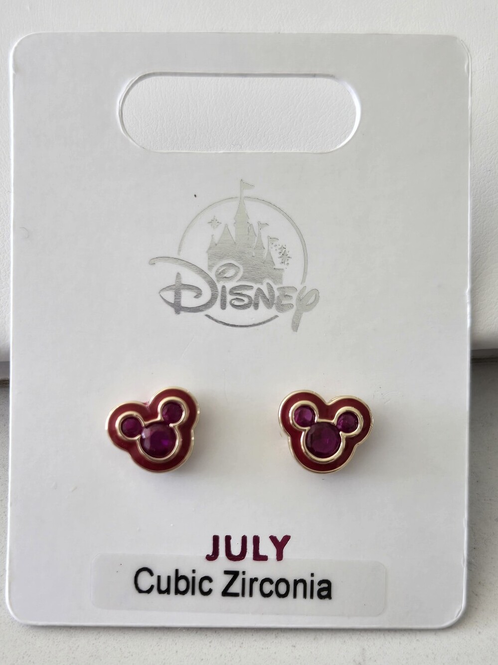 Disney Pink Mickey July Cubic Zirconia Kids Stud Earrings with Gold Trim